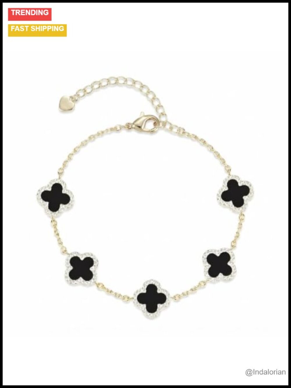 14K Gold Plated Clover Bracelet with Black Onyx Charms